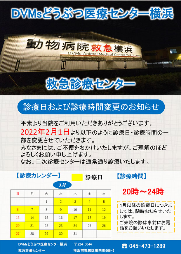 DVMsどうぶつ医療センター横浜救急診療センター　診療日および診療時間変更のお知らせ
